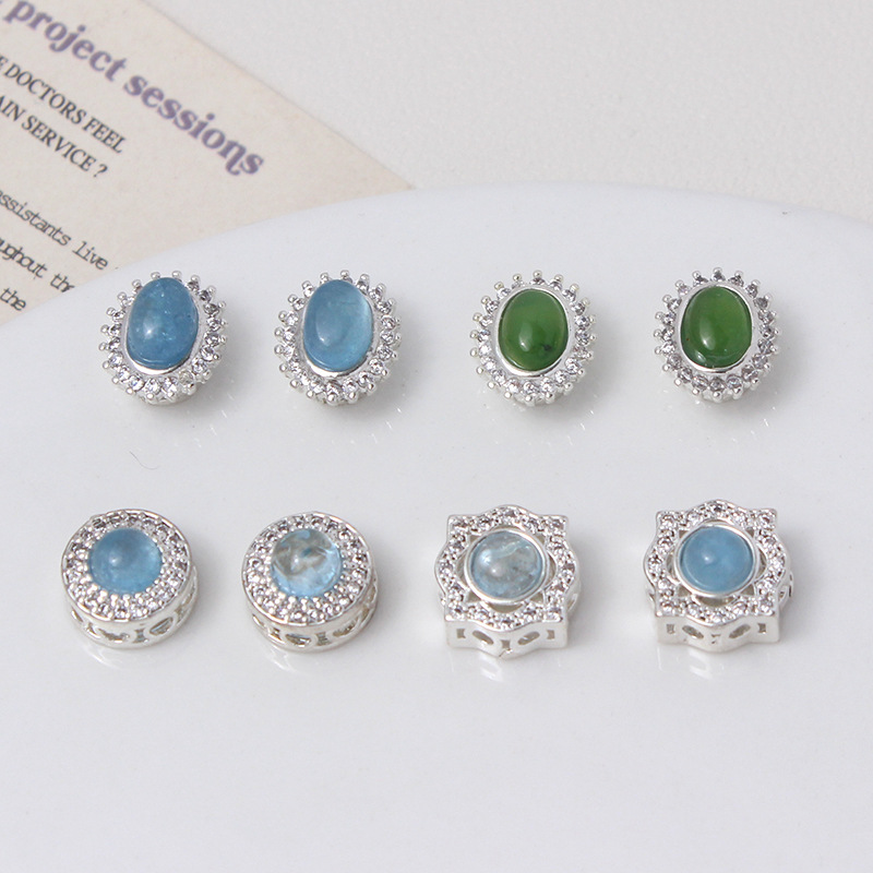 Silver-plated, natural aquamarine, round or oval perforated spacer beads, loose beads diy jewelry bracelet, necklace bead material Specification drawing