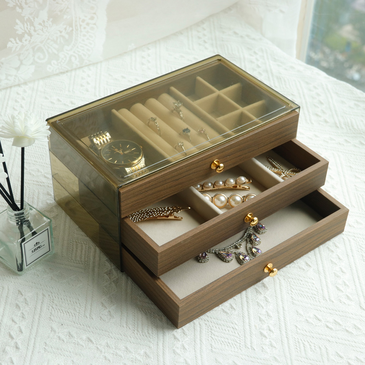صندوق مجوهرات عالي الجودة مزخرفة بخشب الجوز عالي الجودة، ذات سعة كبيرة، قلادة لزينة Specification image