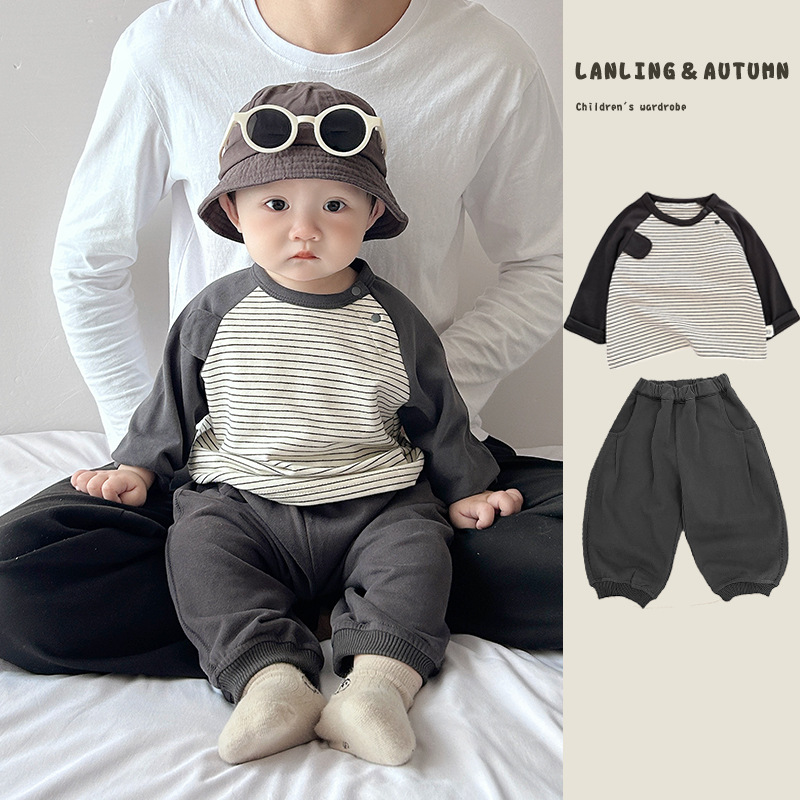 Boys' spring and autumn Korean-style long-sleeved top, baby striped round-neck versatile T-shirt, baby's stylish off-the-shoulder outwear