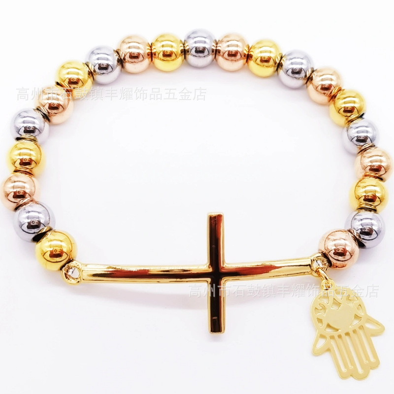 跨境热卖8mm不锈钢串珠加十字架弯牌手链圆珠手链diy弹力绳手链详情7