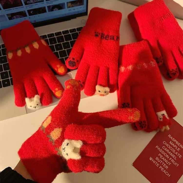 Autumn and winter touch screen warm and cute female student five-finger knitted gloves, Christmas and New Year red series factory wholesale