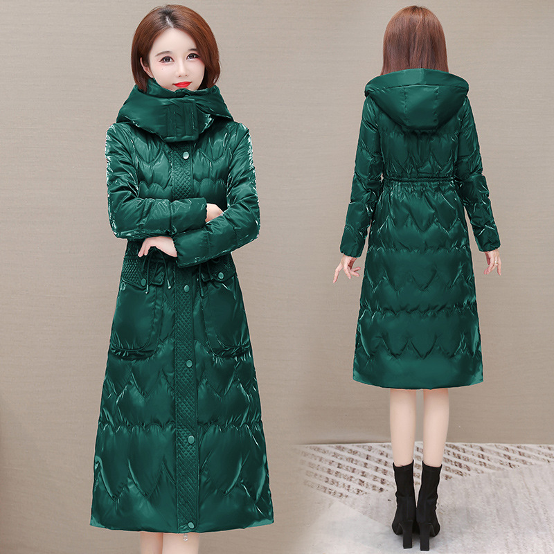 A stylish and trendy hooded new down jacket for women in the winter of 2022, featuring a lace-up and slimming mid-length women's coat details Picture