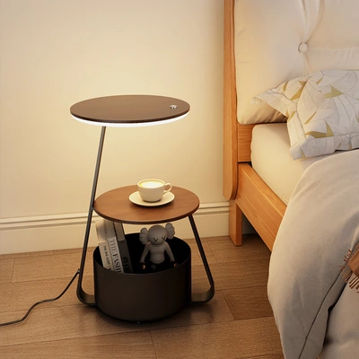 24 New living room sofa side several floor lamp one solid wood shelf Bedroom bedside table lamp cream wind wireless charging table lamp thumbnail