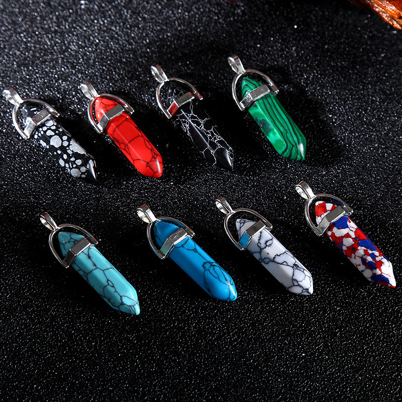 Amazon hot selling synthetic turquoise-hexagon pillar warhead pendant necklace foreign trade quartz Poin pendant turquoise-hexagon pendant necklace jewelry European and American foreign trade details Picture