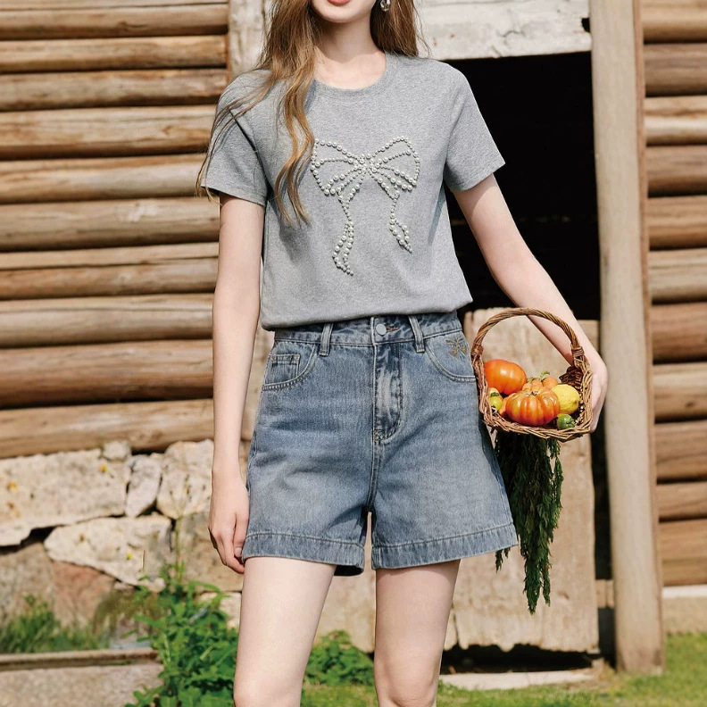 2026 Summer New round neck, shoulder, thin and short top, bow and beaded T-shirt, women's short-sleeved T96S479B Specification image