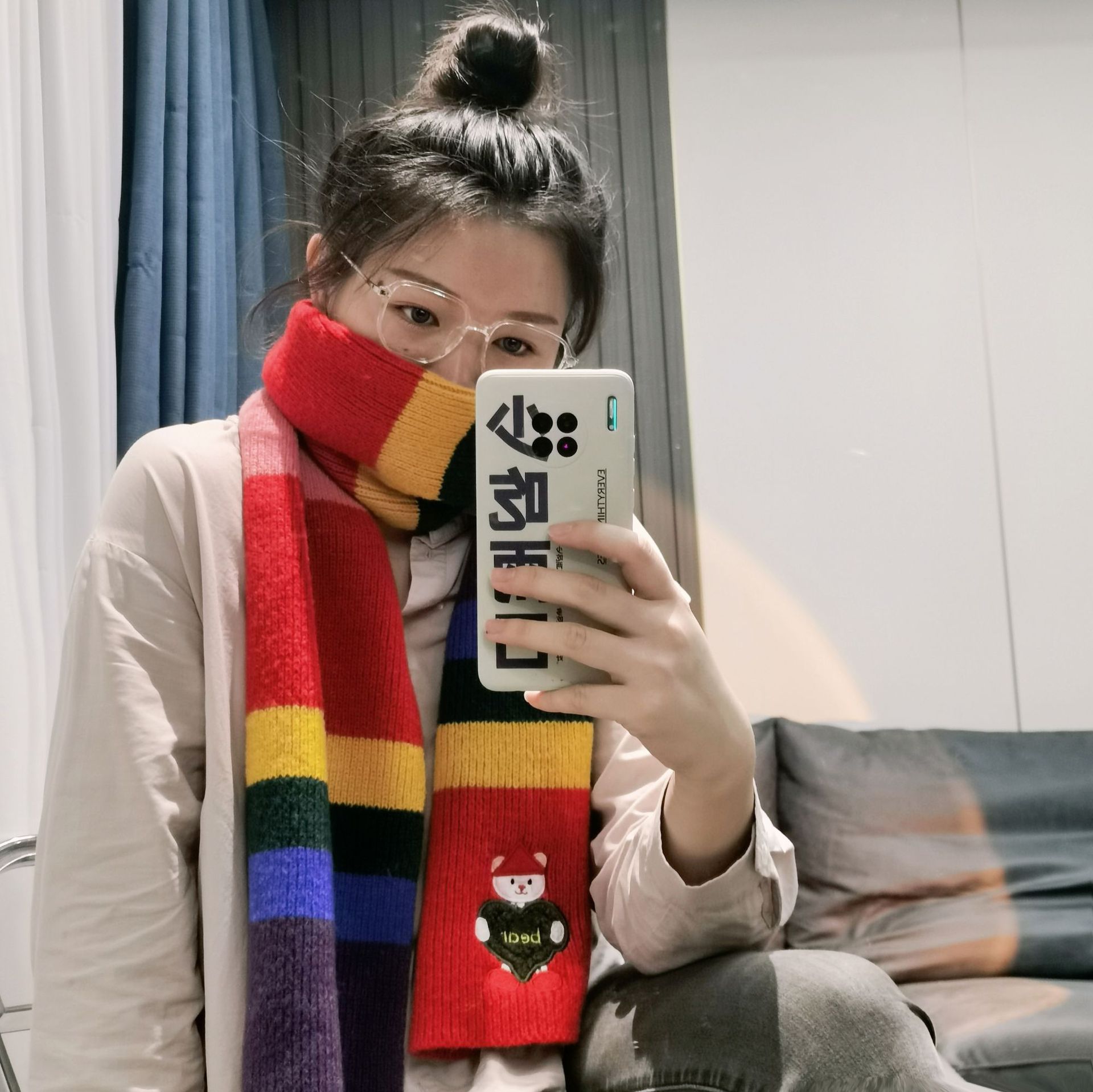 Zhao Rusi With The Winter Cartoon Bear Wool Rainbow Horizontal Scarf Students Warm Lovers