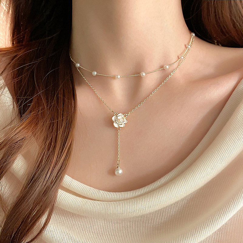 Double-layer tassel necklace, women's pearl, niche camellia collarbone chain, design sense, light luxury, neckchain, elegant