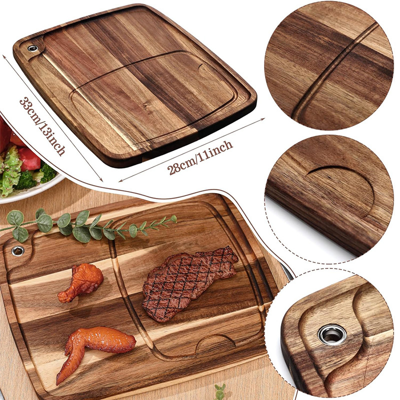 Cross-border acacia wood dinner plate, home kitchen steak and bread dinner plate with juice trough, wooden steak board details Picture