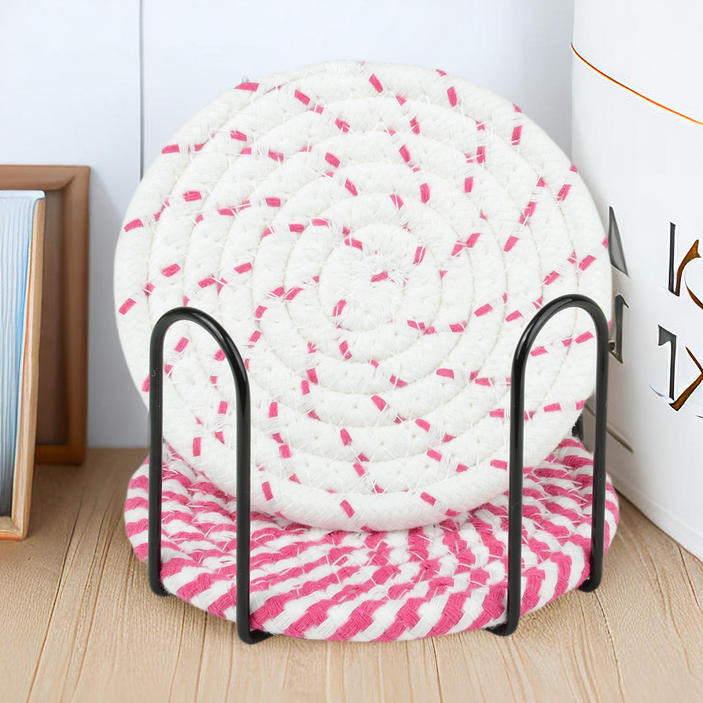 Coasters, Nordic ins cotton rope woven heat insulation placemats, cotton rope heat-resistant, round thickened iron frame 8-piece set mat