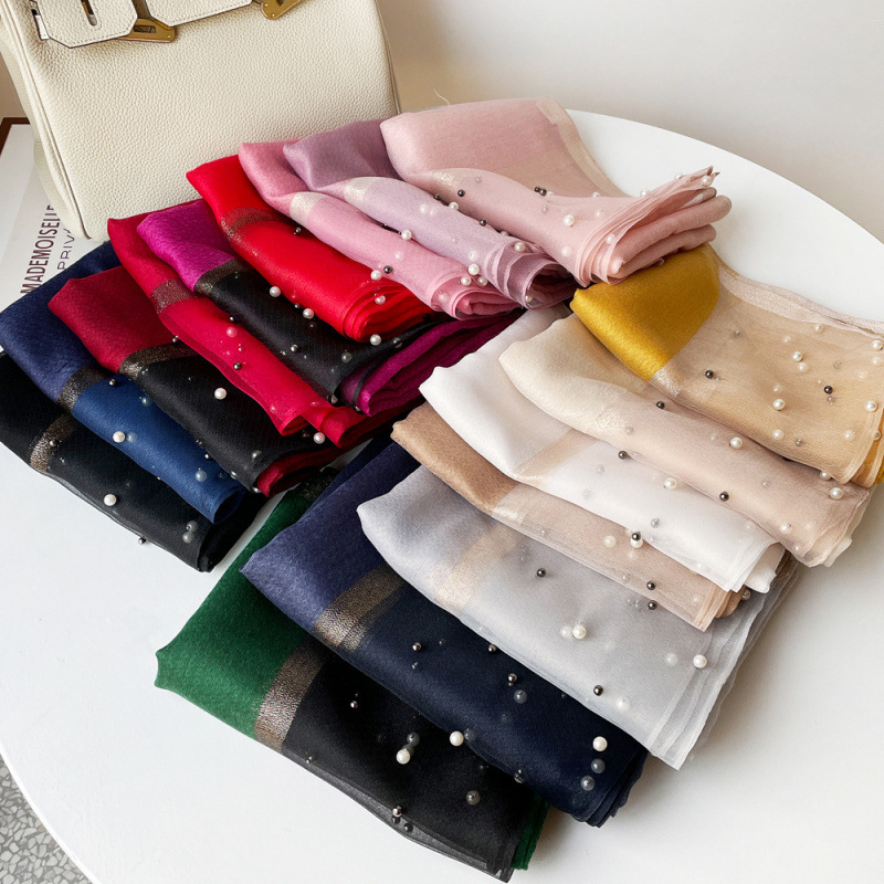 New solid-color pearl silk scarf for women, spring and summer, European and American imitation silk light and thin large shawl, long scarf, cross-border scarf wholesale Specification image