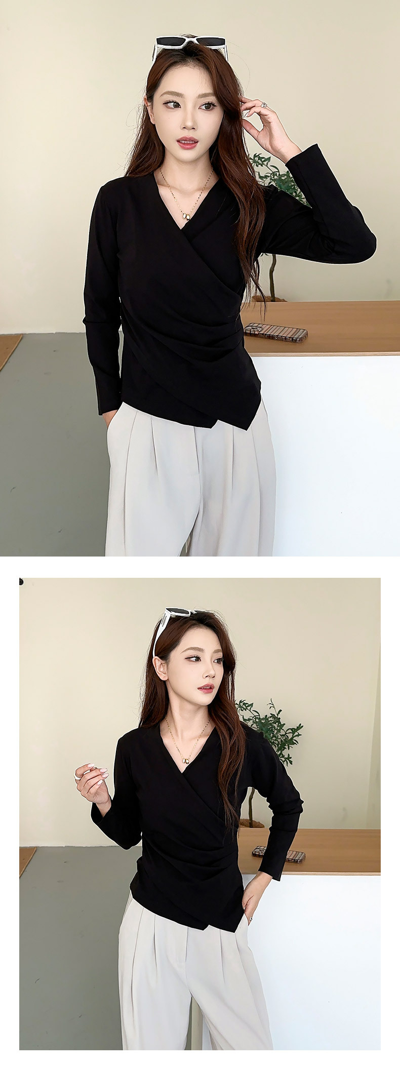 不规则V领打底衫修身显瘦内搭T恤衫时尚褶皱长袖上衣纯色女士打底详情13