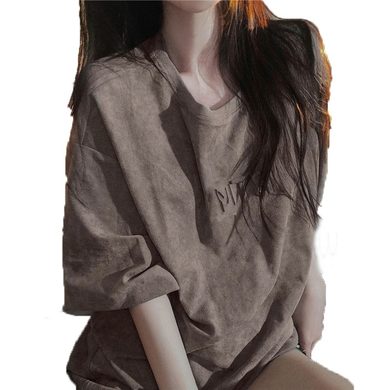 2023 Summer coffee-colored women's American retro T-shirt ins women's wear three-dimensional embossed loose large-sleeved top Item Picture