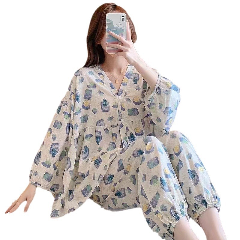 睡衣/睡衣夏季/睡衣女长袖韩版/家居服/带胸垫睡衣白底实物图