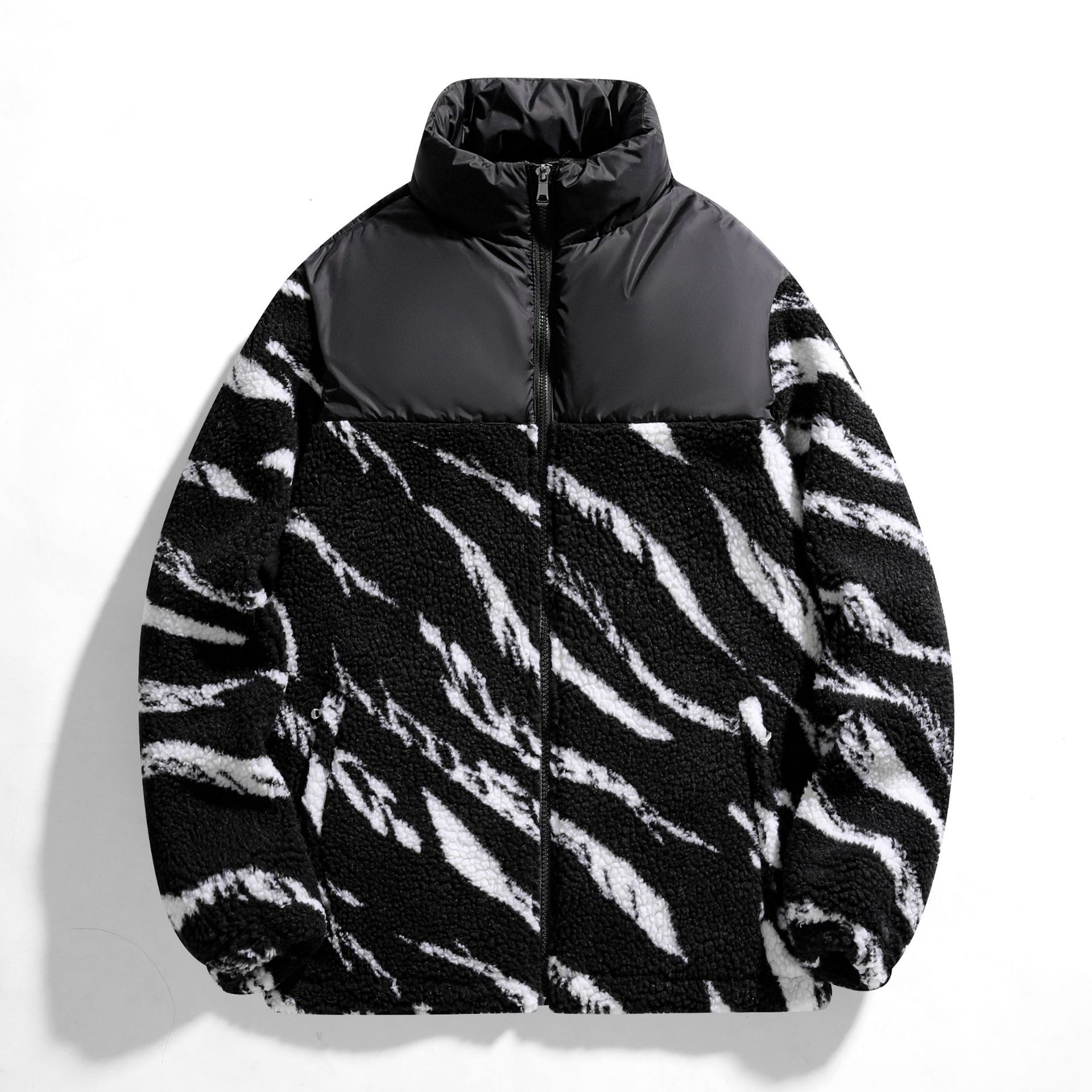 High-end new 2022 autumn and winter men's thickened cotton-padded jacket, a trendy brand zebra patchwork, versatile and warm women's sheep style details Picture
