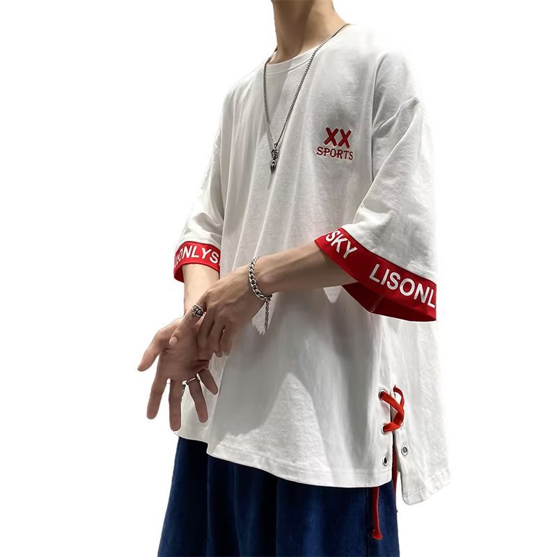 College style 7-inch sleeve trendy T-shirt 2023 Men's oversized couple short-sleeved with an irregular slit design Item Picture