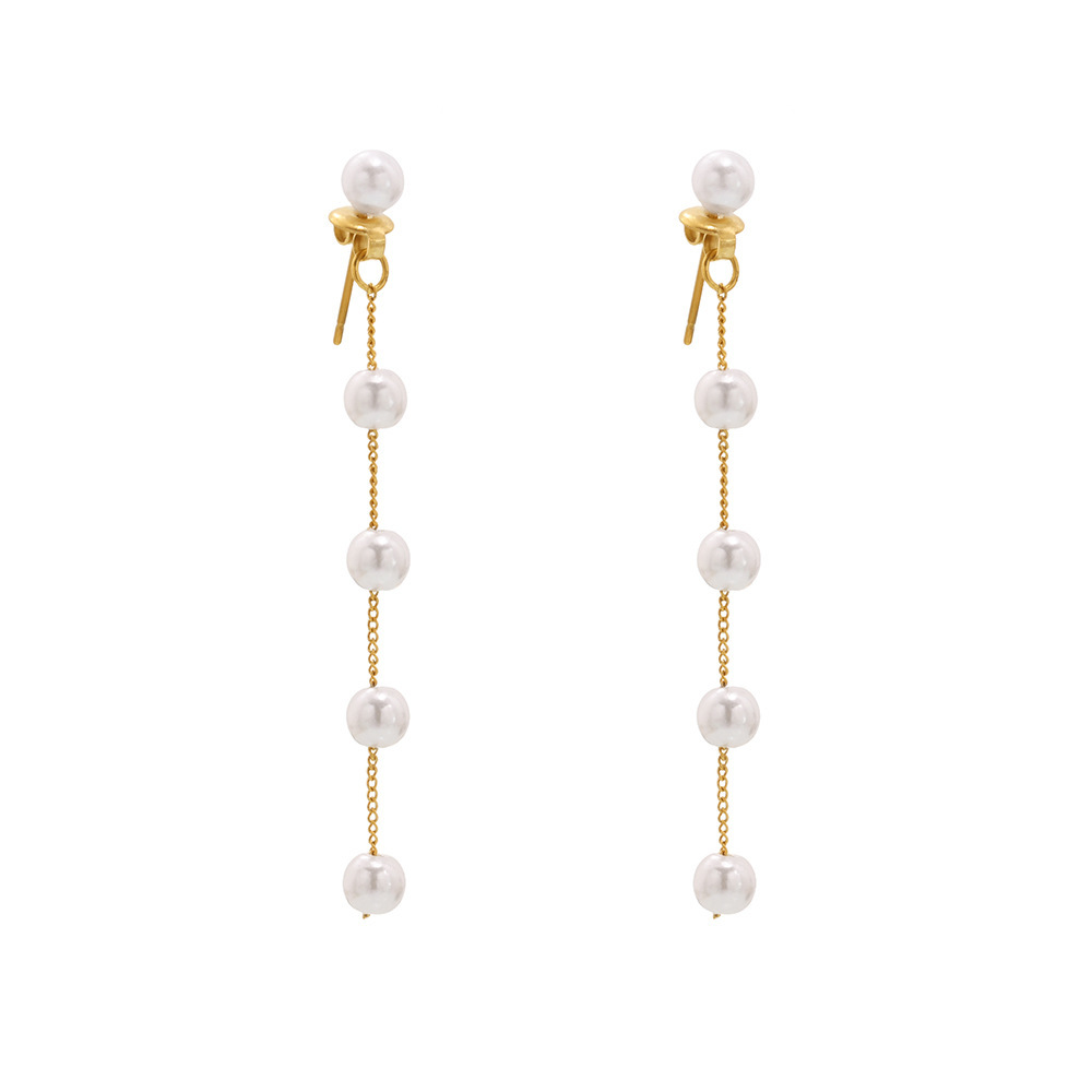 Mili's new lustrous beaded earrings, round face slimming and elegant, long tassel ear thread stainless steel earrings, popular on the Internet Item Picture