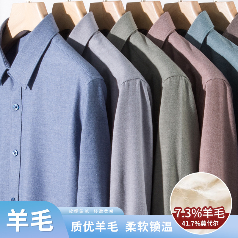 New solid-color men's business wool shirt, a no-iron spring and autumn casual and versatile long-sleeved anti-wrinkle high-end shirt