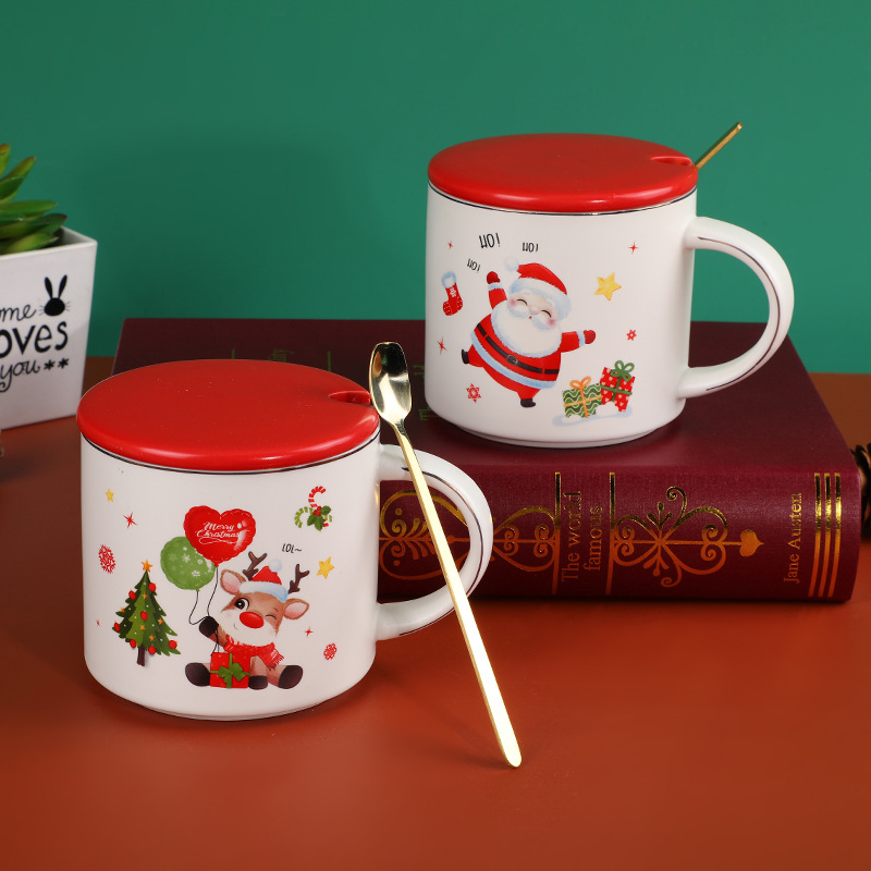 可爱个性圣诞老人陶瓷马克杯 创意个性圣诞节礼品带盖勺子咖啡杯产品图