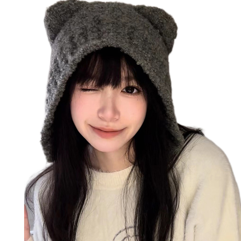Star Contains Cute Bear Hat Female Autumn And Winter New All-Match Warm Woolen Hat 2022 Gray Ear Protection Knitted Hat Item Picture