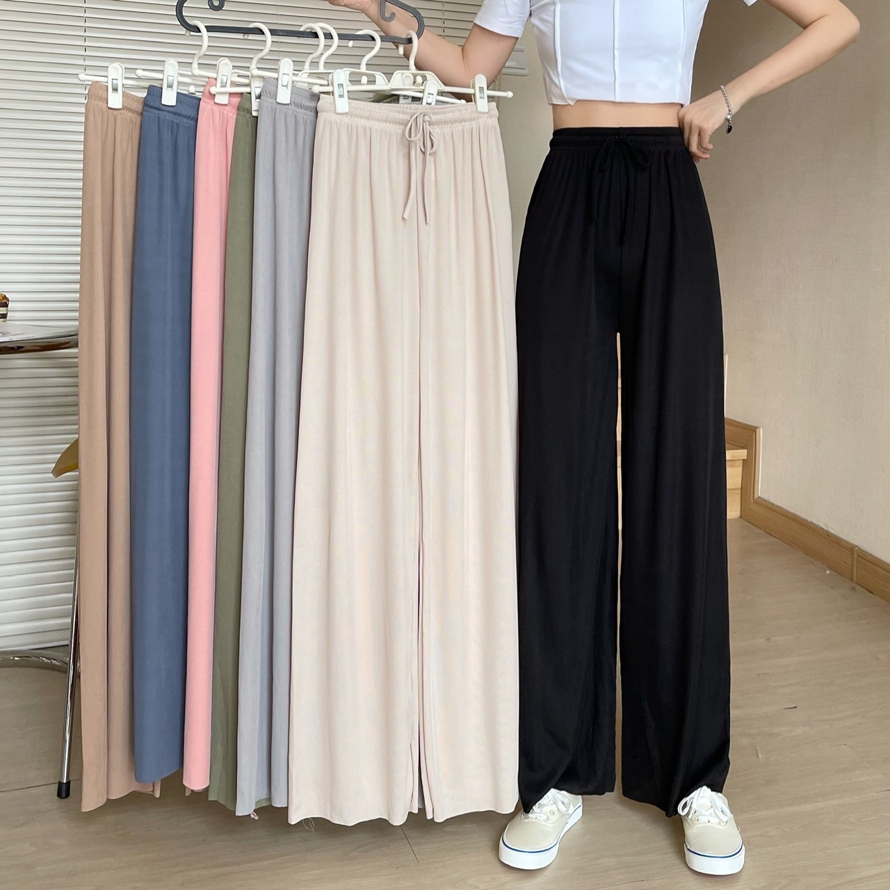 Ice Silk Wide-Leg Pants Women's Summer Thin 2024 New High-Waisted Slim Straight Leg Loose Mopping Casual Pants