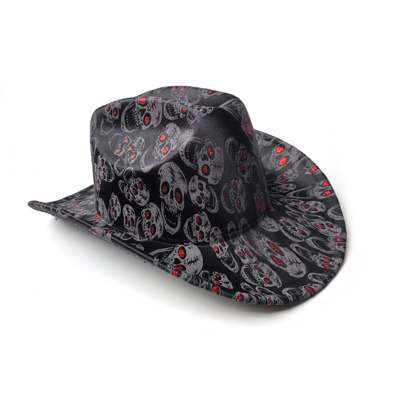 Black skull pattern cowboy hat for Halloween party in stock, cross-border cool sun hat, Amazon holiday cowboy hat