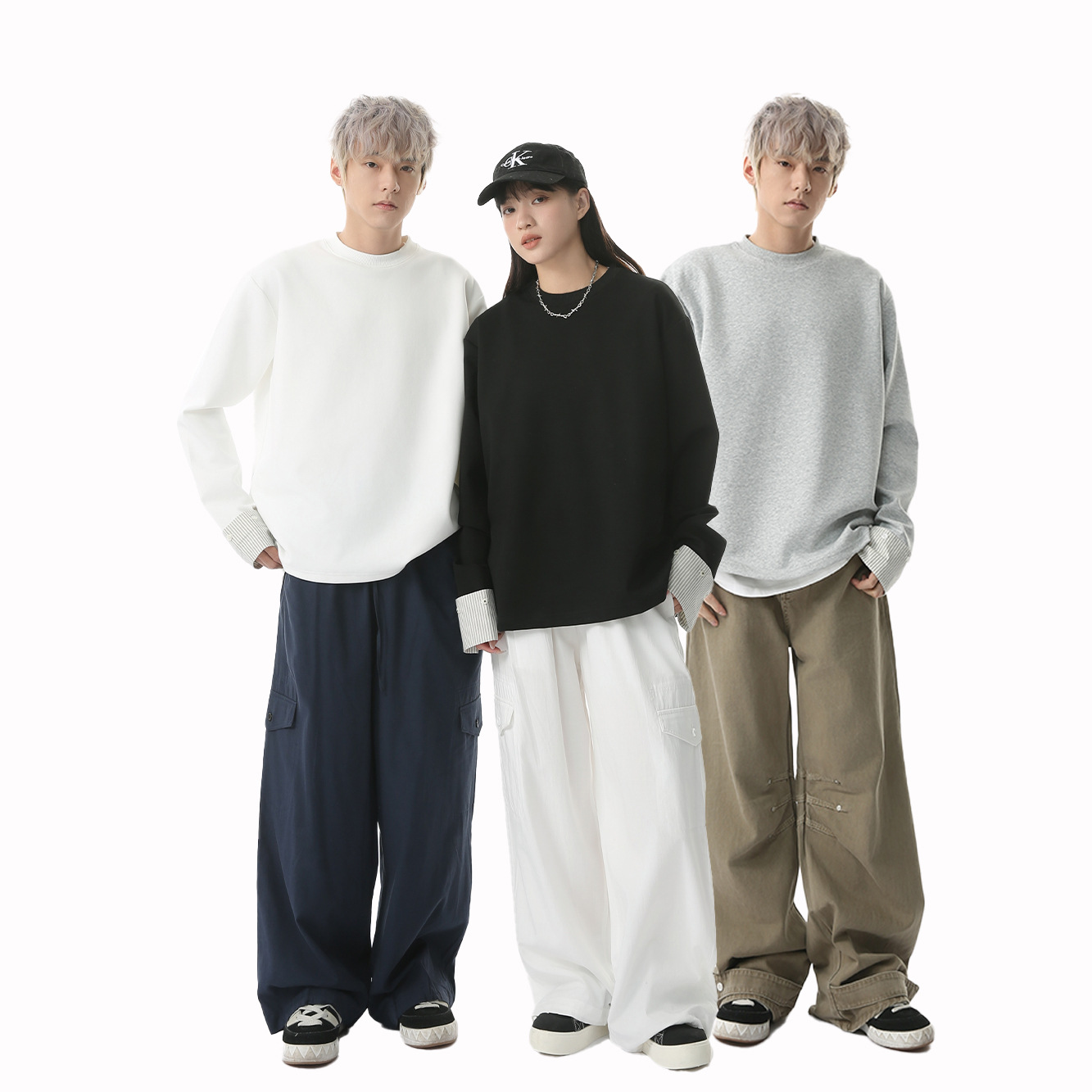 MTLCLOTHES男装|韩版简约条纹拼接袖子设计感圆领宽松打底T恤休闲