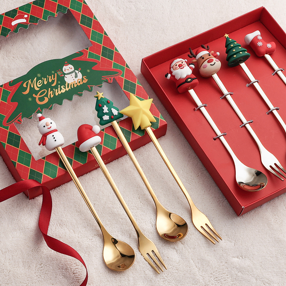 Q Christmas Spoon and Tableware Set Snowman Reindeer Coffee Spoon Santa Claus Fruit Fork Doll Spoon and Fork Gift details Picture
