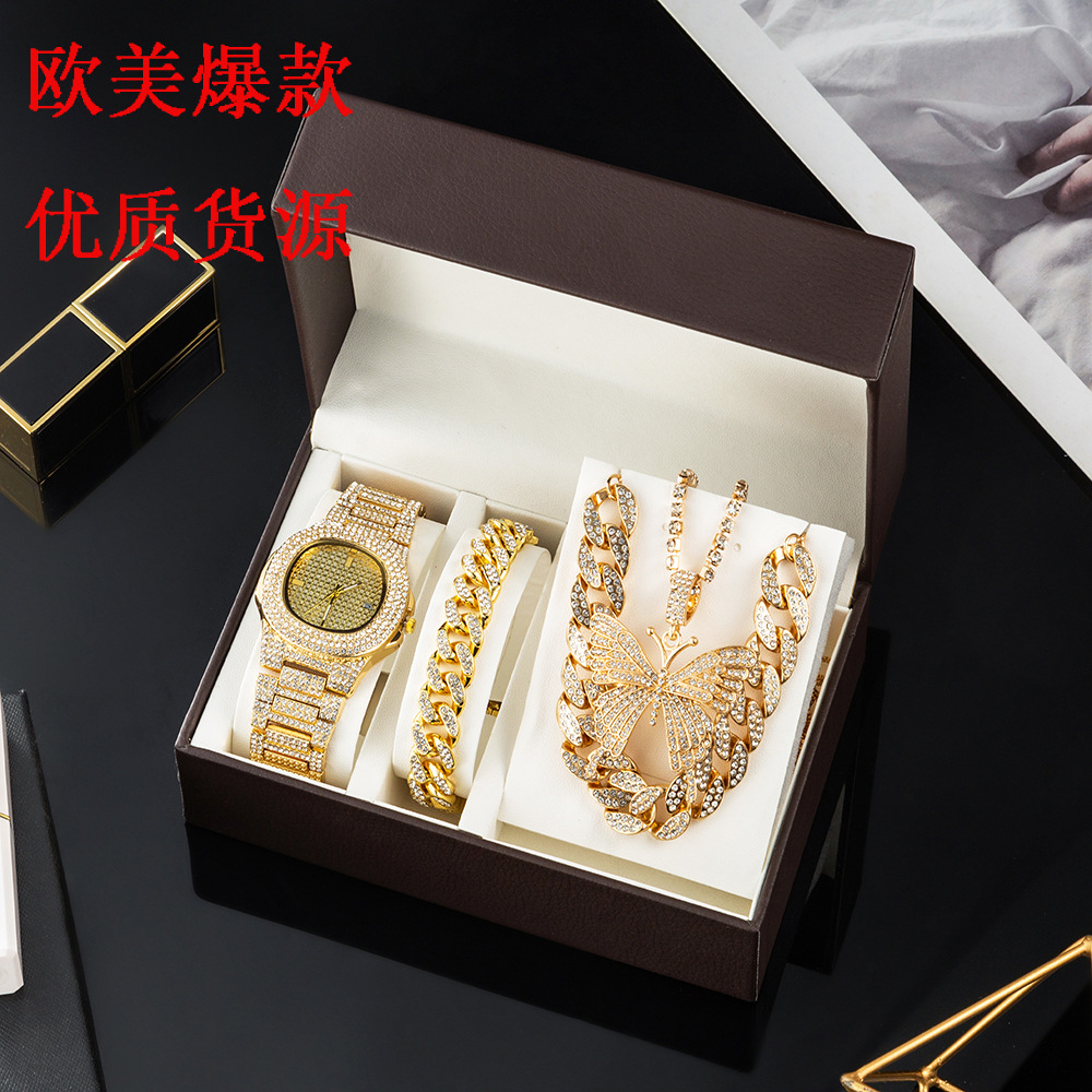 3件套手表女士配饰套装礼盒 欧美夸张古巴链蝴蝶项链饰品满钻手表