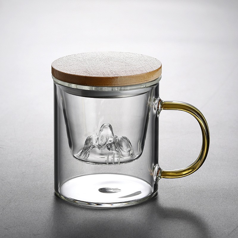 高硼硅玻璃水杯观山杯茶水分离泡茶杯过滤三件杯竹木盖杯子茶水杯