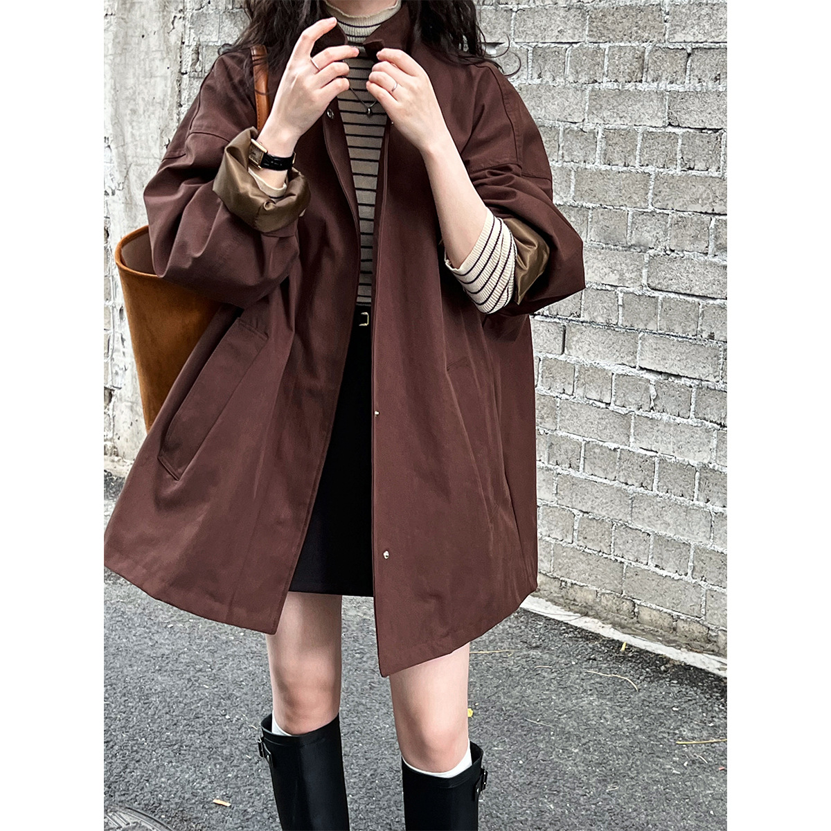 鹿西 高级感气质廓形立领风衣女慵懒风日系极简oversize外套8631