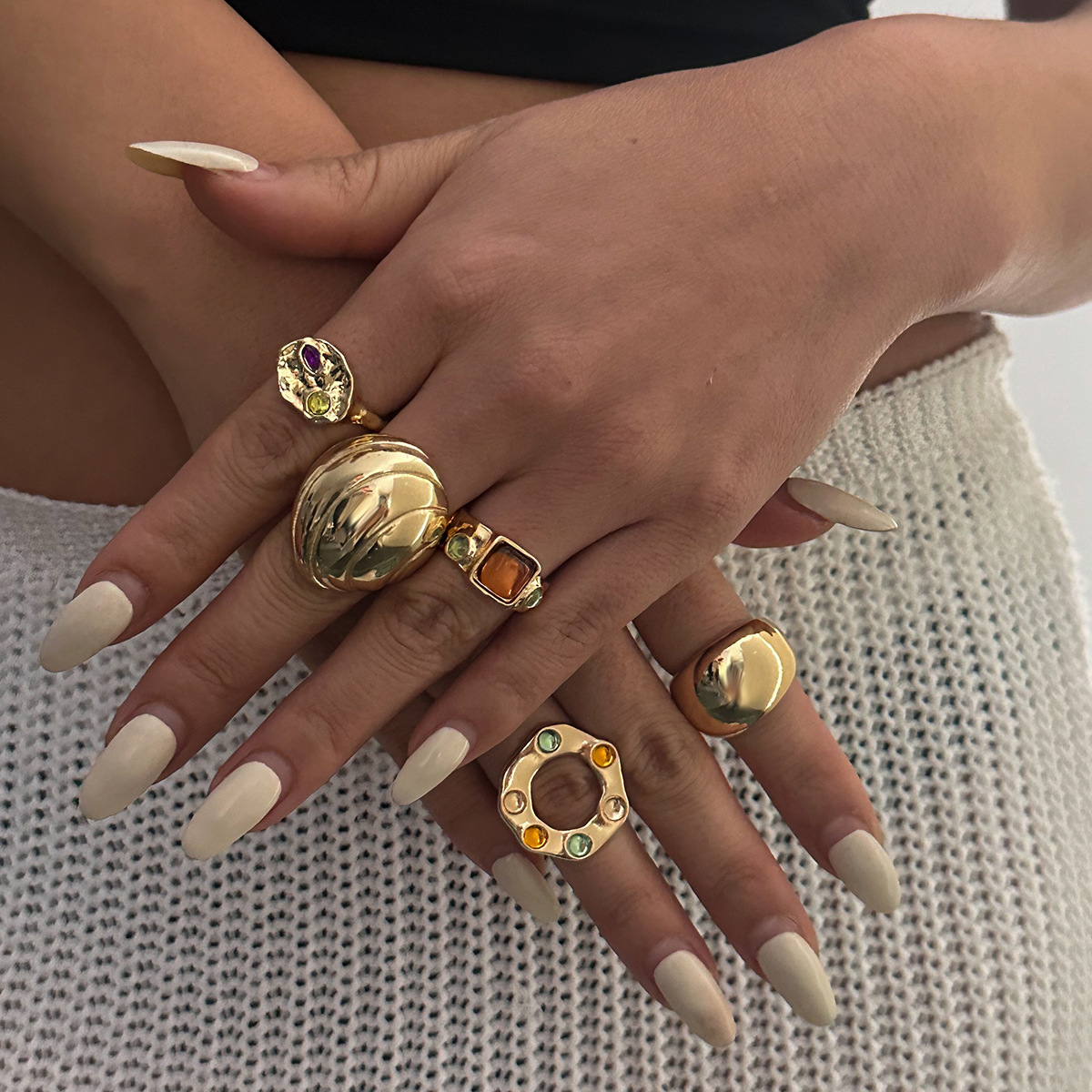 European and American cross-border fashion ins colorful diamond-encrusted gemstone ring set, exaggeratedly layered metal smooth open ring details Picture