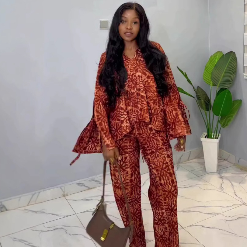 European and American large-sized long-sleeved, lace-up and printed shirt, high-waisted wide-leg long pants, African women's casual and fashionable two-piece set for women