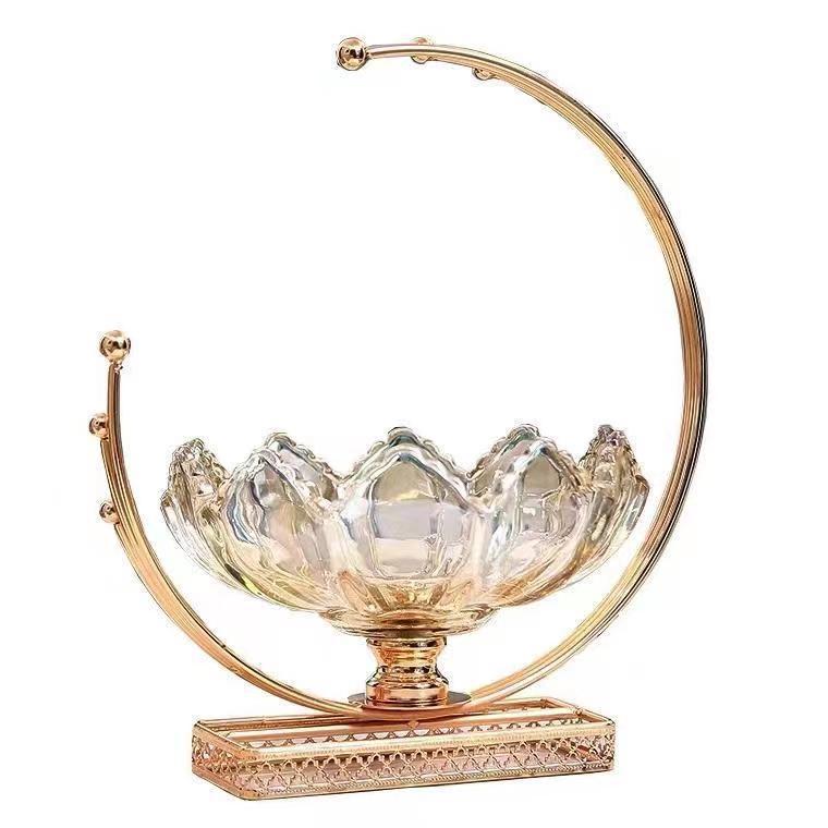 Light Luxury Style European-Style Glass Dry Fruit Tray Home Living Room Coffee Table Receiving Snacks Decorative Metal Moon Fruit Tray Decoration Item Picture