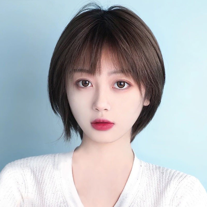 Wig for women, short ear-hanging hair, Bob hairstyle, real hair, natural Korean style, full head set, round face style wig set