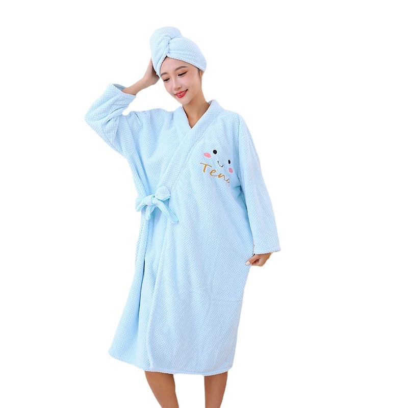 Winter bathrobes, ladies can wear bath towels, coral fleece thickened home cross-tied long-sleeved bath skirts, and wholesale dry hair caps Item Picture