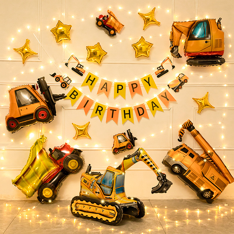 A boy of 2 liang 3 years old, a car theme balloon baby, a birthday party decoration scene, background wall arrangement details Picture