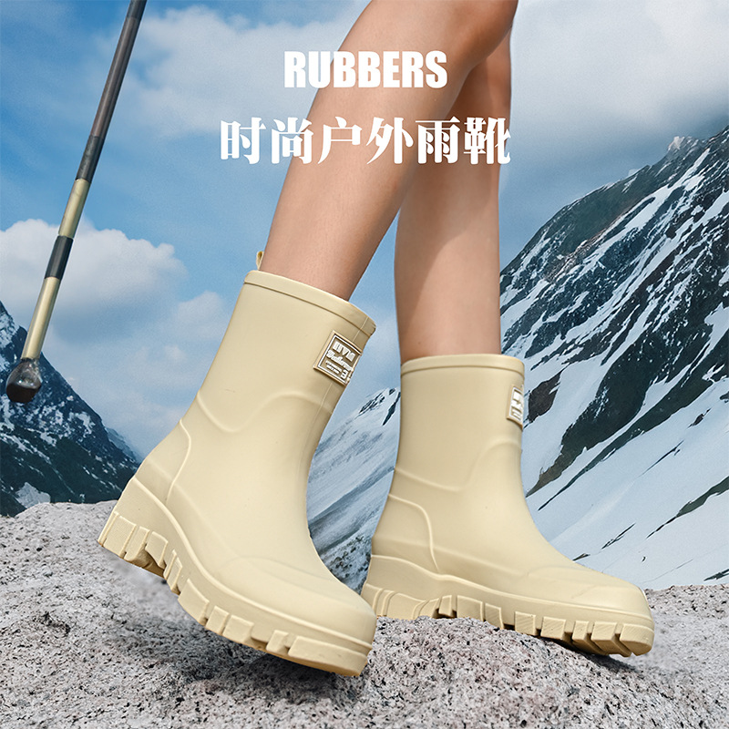 Cross-border fashion rain boots for women, thick-soled, wear-resistant and anti-slip water shoes, Korean version mid-high top camping rain boots, waterproof car wash shoes Specification image