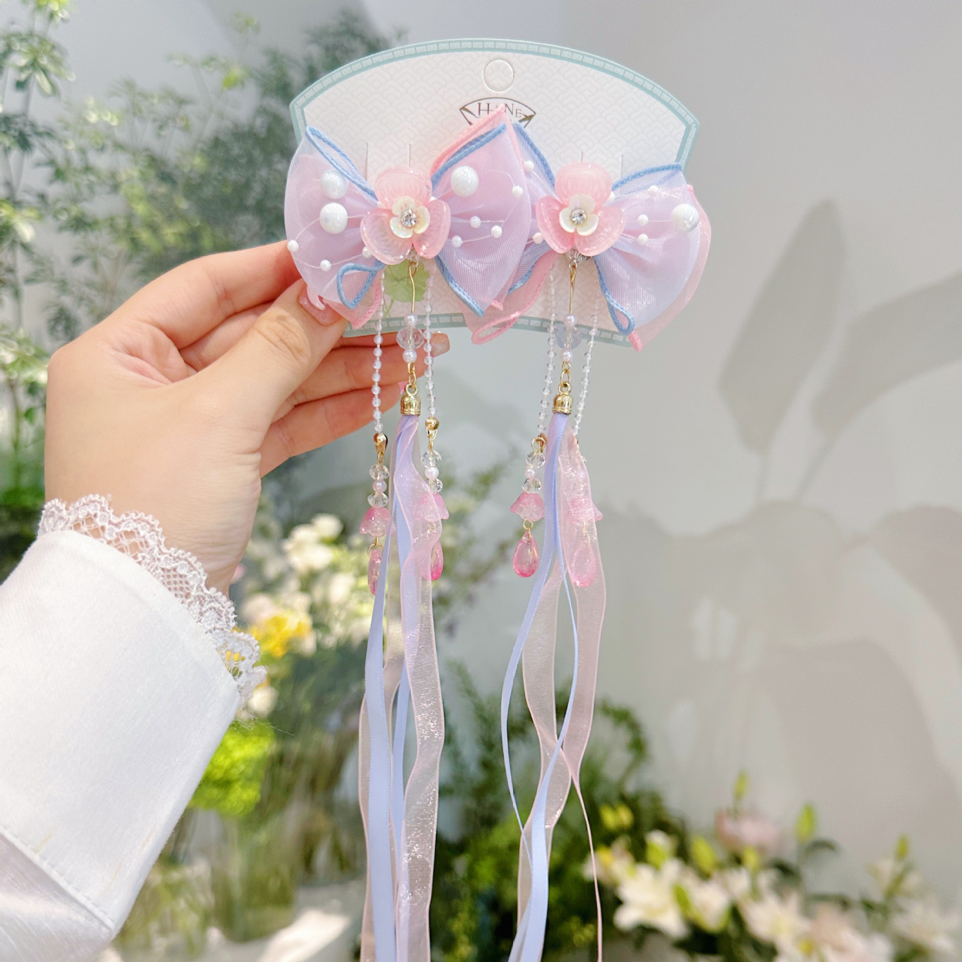 Children's Hair Clip Chinese Style Flower Ribbon Hanfu Clip Delicate Rhinestone Bow Ancient Style Hair Accessories For Girls And Children Specification drawing