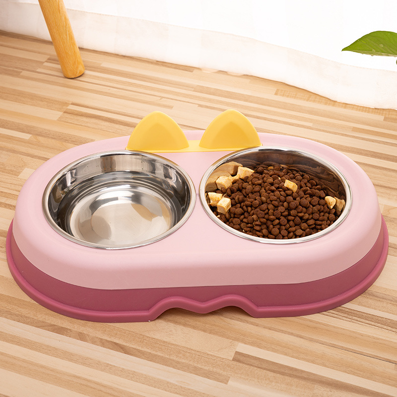 Wholesale pet bowls, multi-functional protection for cervical vertebrae, anti-tipping and anti-slip dog bowls, cat bowls, stainless steel double bowls for feeding, in stock details Picture