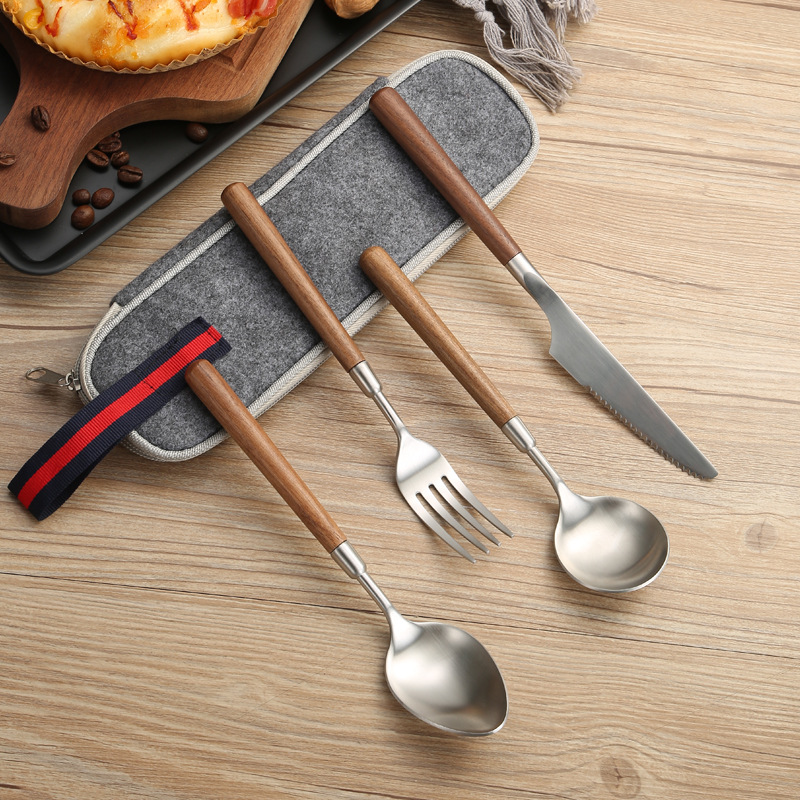Amazon 304 Stainless Steel Walnut Handle Knife And Fork Spoon Western Restaurant Steak Knife And Fork Travel Portable Tableware Set Specification drawing