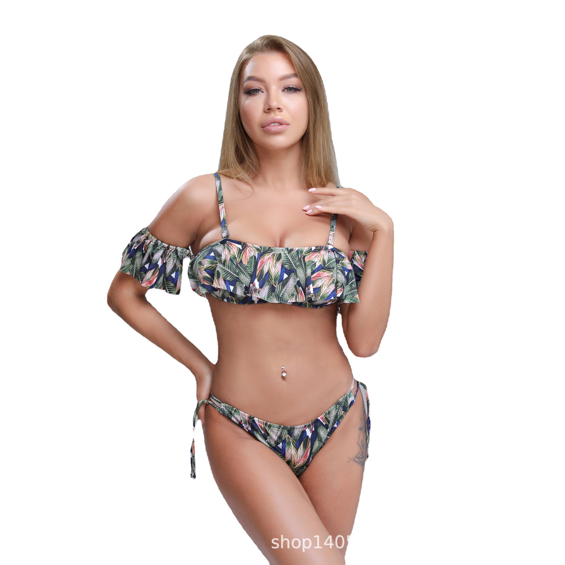 New three-piece bikini swimsuit ruffled leaf print South American one-line shoulder wrap vest for women thumbnail