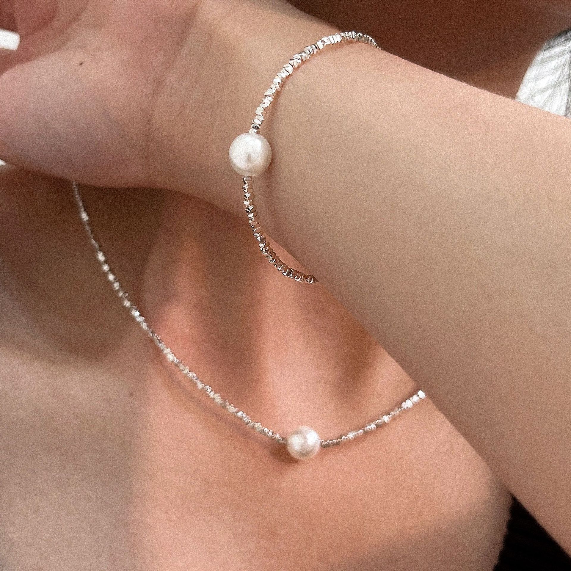 Korean version s925 sterling silver irregular broken silver pearl necklace women's bare chain collar short style