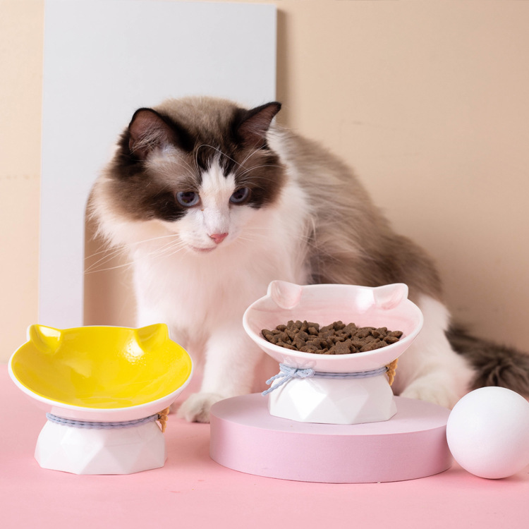 Kitten bowl, big face cat food bowl, ceramic pet protection, cervical vertebrae, high legs cat food bowl, anti-tipping, single bowl cat supplies details Picture
