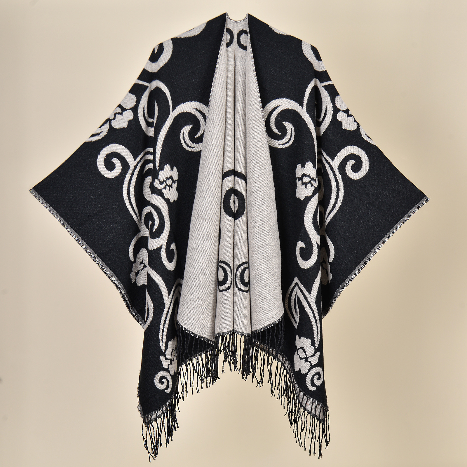 江南水乡文艺旅游披肩秋冬季仿羊绒针织围巾开叉油画披风斗篷外搭详情32