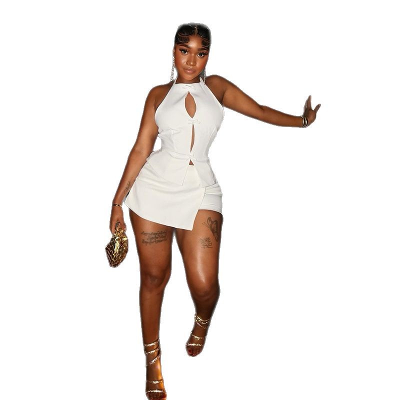 A new summer solid-color, hollowed-out, pleated and body-hugging two-piece women's dress with a European and American style, suitable for a women's party Item Picture