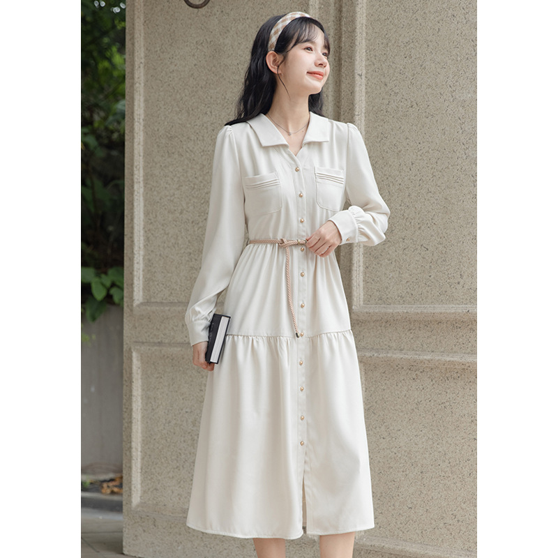 Model's real photo of the 2023 autumn new lapel stylish mid-length commuting dress HUA8481 details Picture