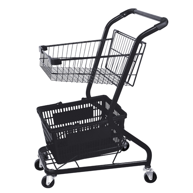 Supermarket double-layer shopping cart, claw machine, pet snack store, yellow and orange colored metal, internet-famous pink trolley Application Scenario