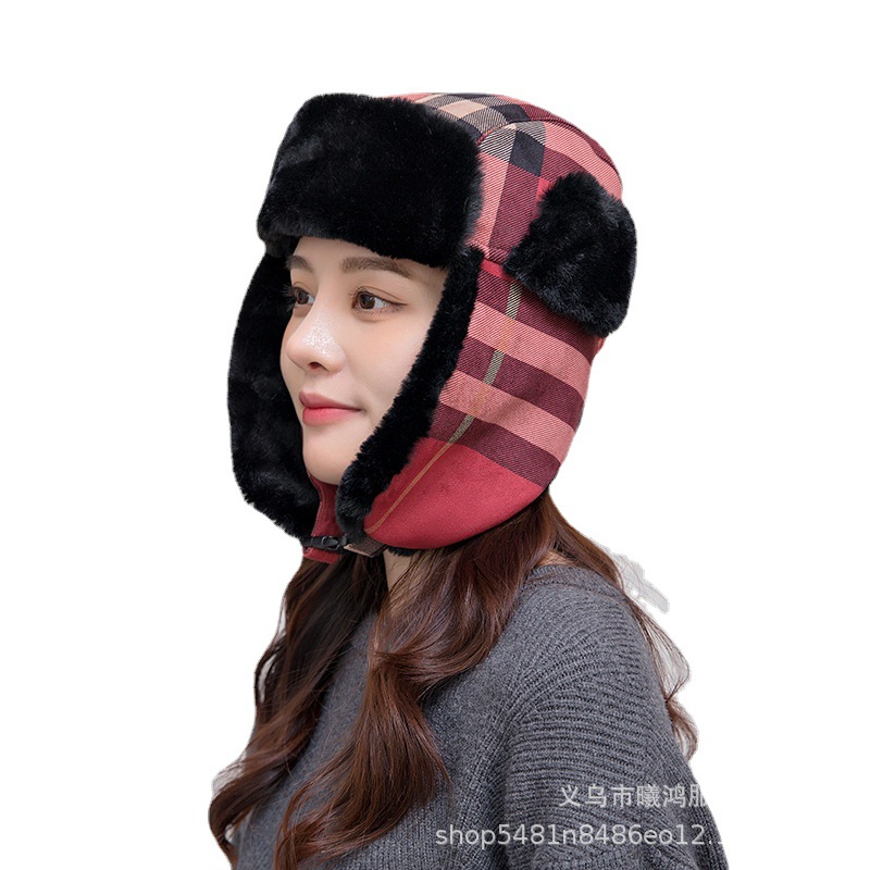 2021 Autumn And Winter New Lei Feng Hat Female Thickened With Velvet Ear Protection Plaid Winter Hat Cycling Windproof Warm Necessary Spot Item Picture