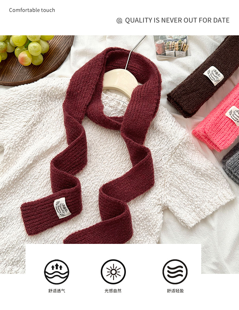 A new winter style of colorful narrow woolen scarf with small strips, a fashionable solid color warm knitted woolen scarf pic 2