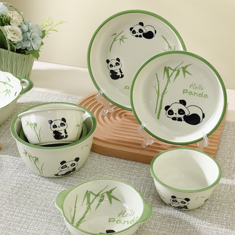 Panda Flower Fruit Nai Ins Children's Ceramic Rice Bowl Cute Cute Home Soup Bowl Baking Tray Creative Tableware Set Specification drawing